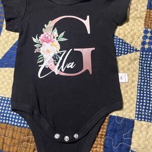 Black Baby Onesie with Floral Initial Design